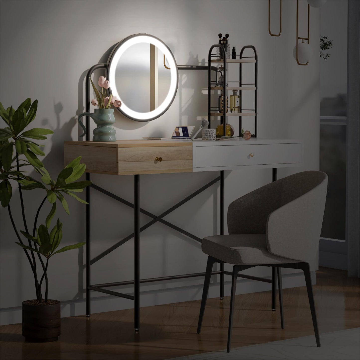 Esme Makeup Vanity Desk with 3-Mode Lighted Mirror - White