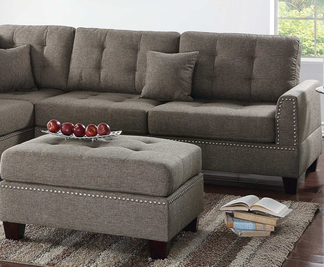 Amara 3pcs Sectional Reversible Chaise Sofa And Ottoman - Coffee