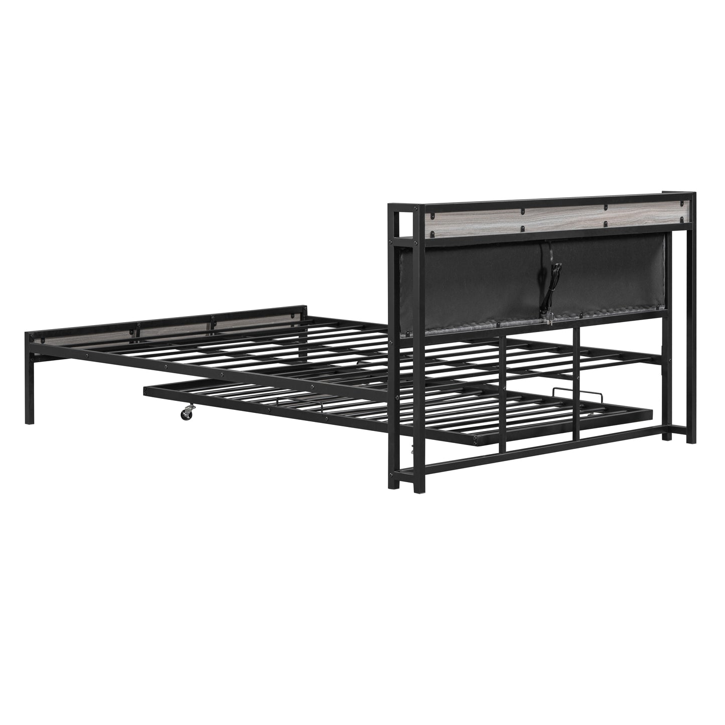 Quest Queen Size Metal Platform Bed Frame with Trundle - Black