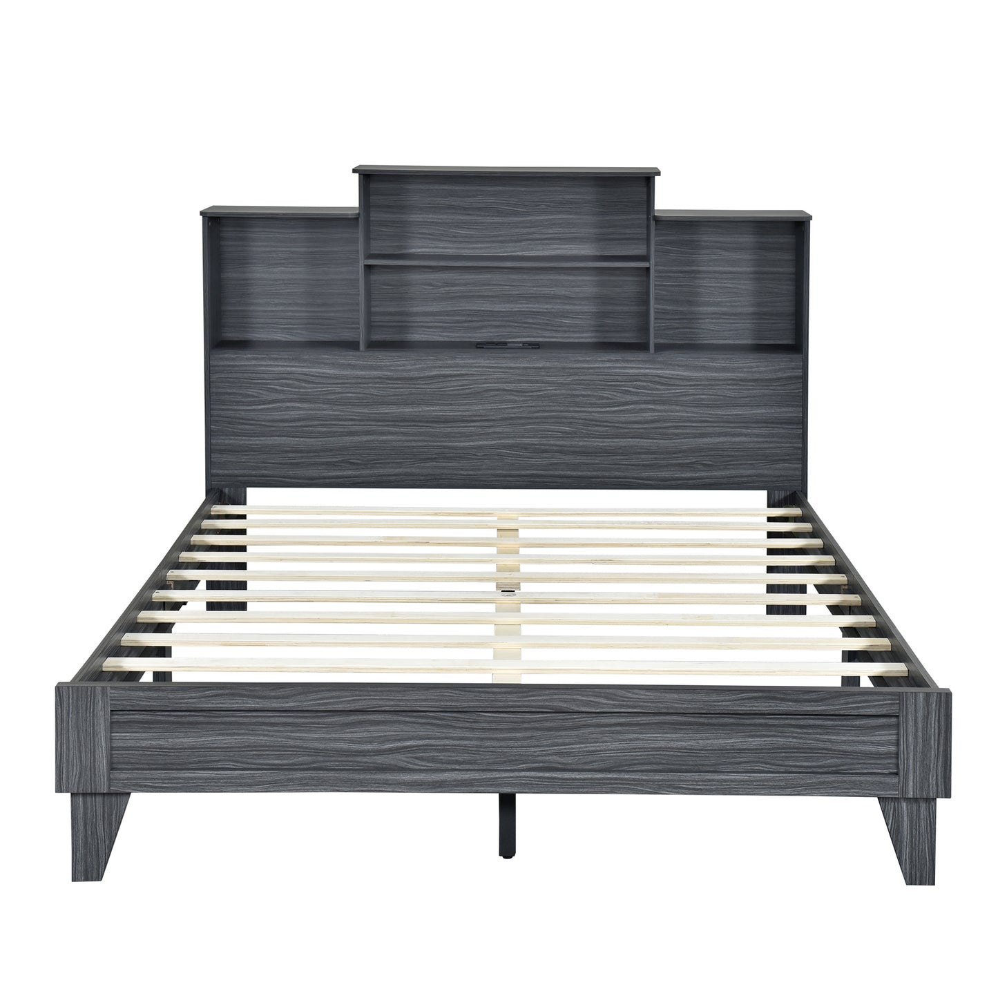 Taz Queen Size Platform Bed Frame with 4 Open Storage Shelves - Gray