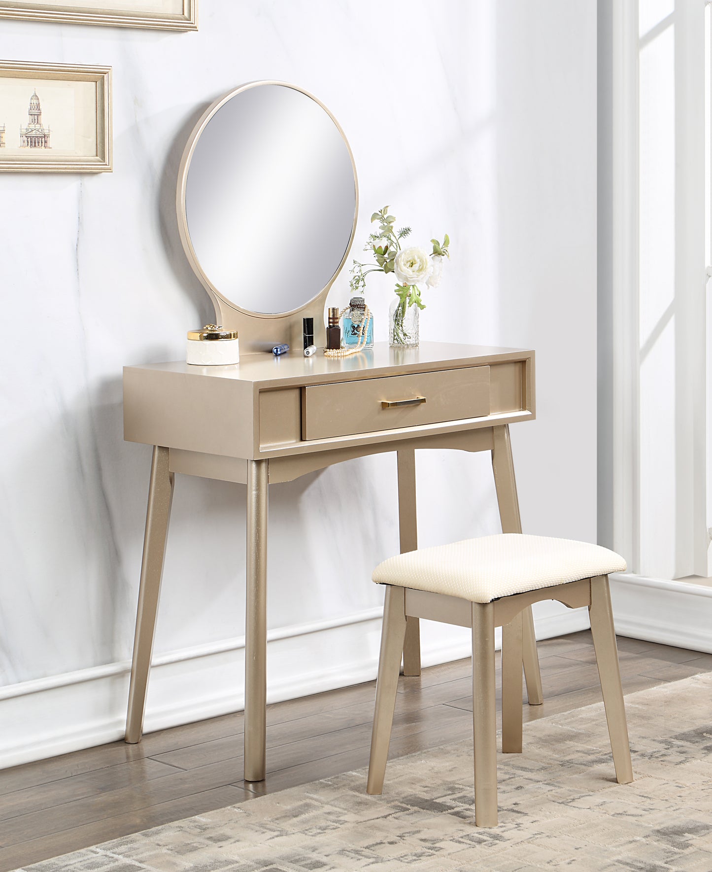 Maly Contemporary Wood Vanity and Stool Set - Gold