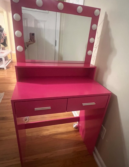 Neve Vanity Desk with Mirror and Lights - Rose Pink