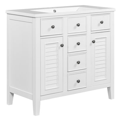 Bathroom Vanity with Ceramic Basin, Two Cabinets and Five Drawers - White