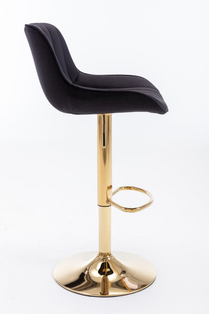 Stramline Adjustable Velvet + Golden Leg Bar Stool - Black Set of 2