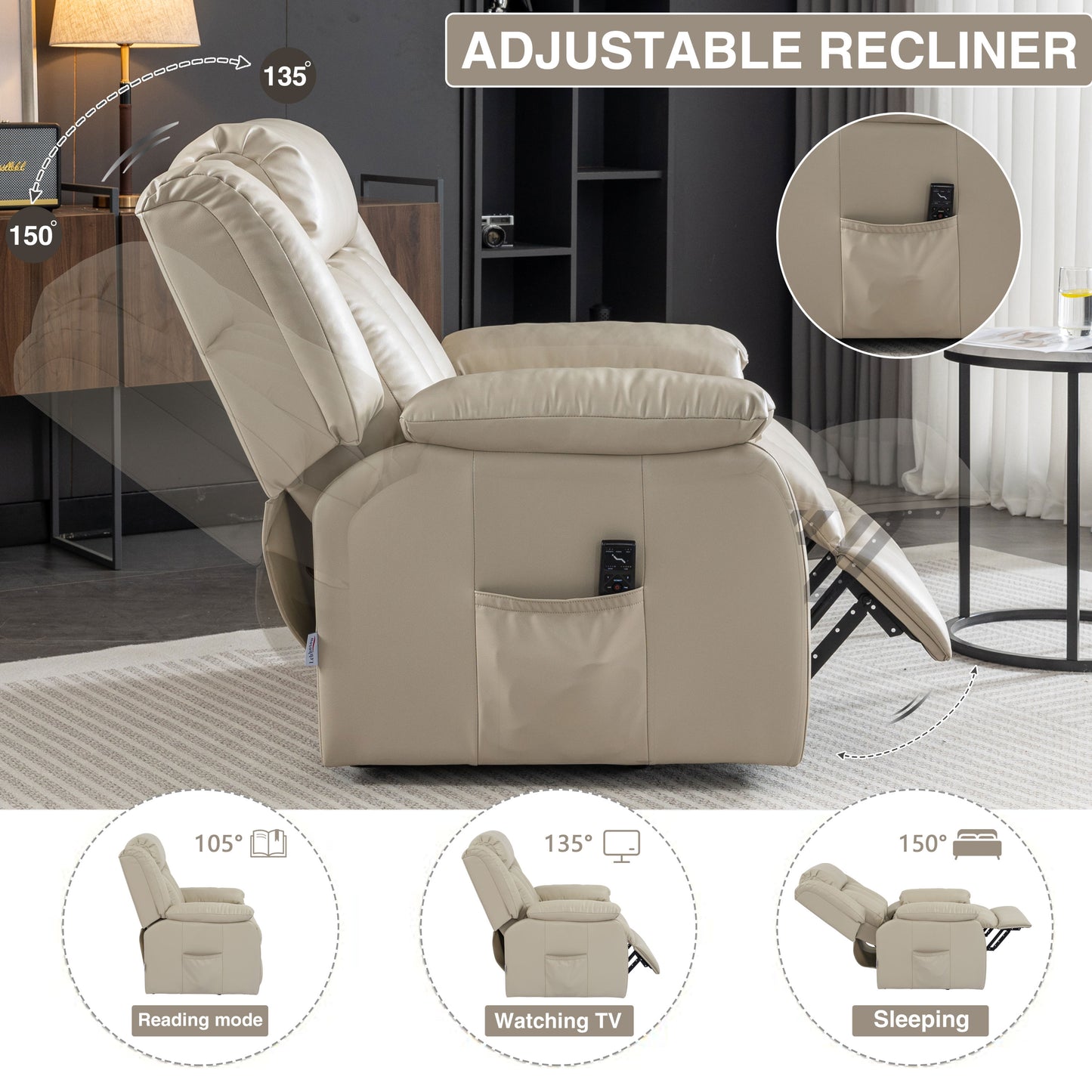 Trevino Electric Power Recliner Chair with Massage And Heating - Beige