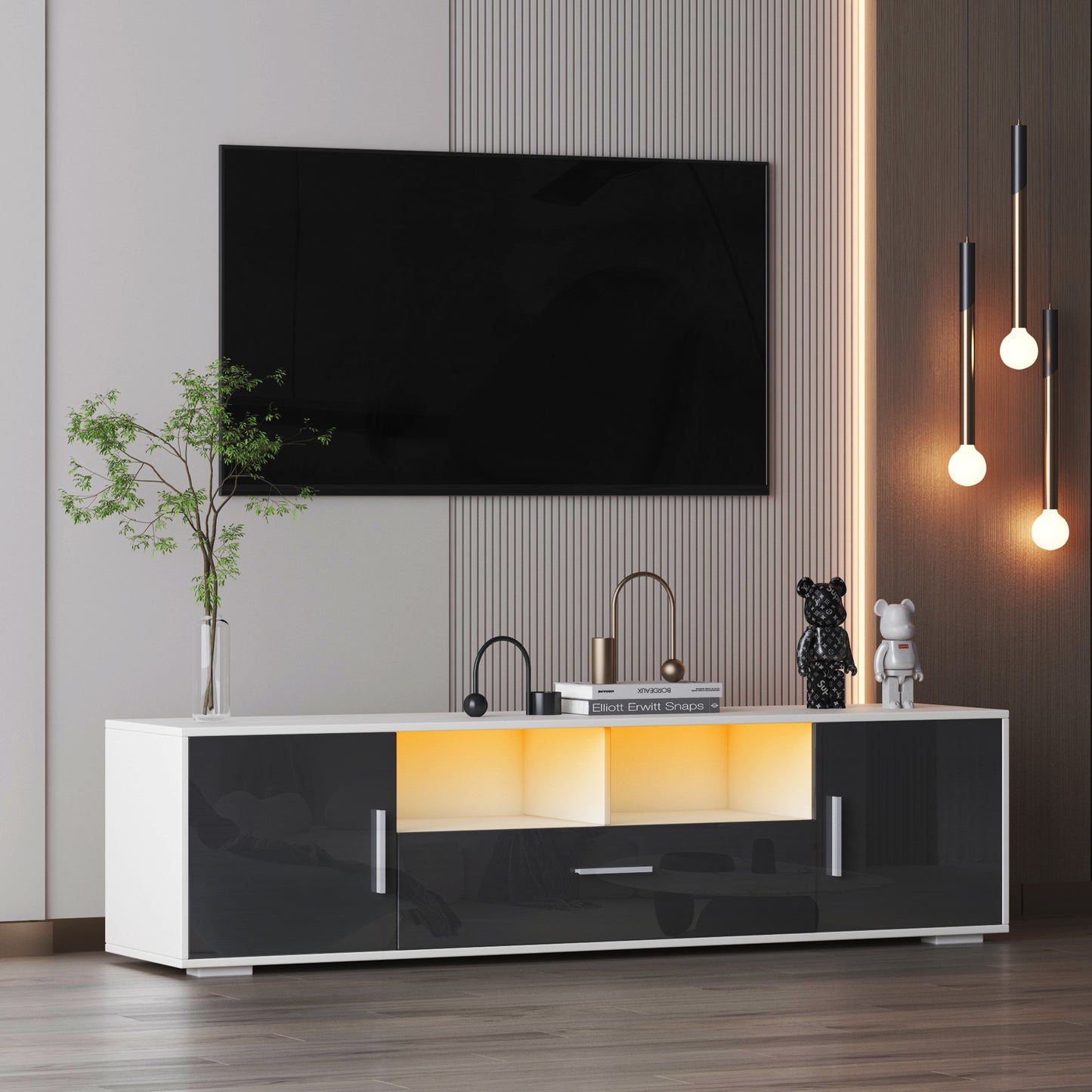 Oasis TV Stand with LED Lights - White+Dark Gray