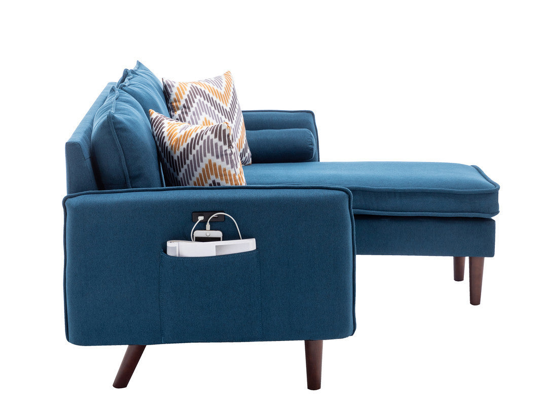 Mia Sectional Sofa Chaise with USB Charger & Pillows - Blue