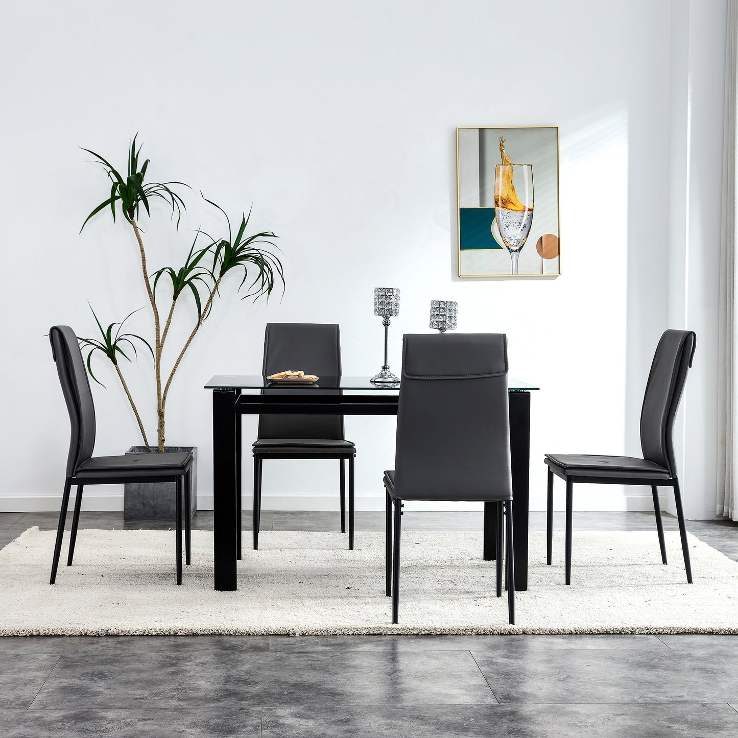 Carleton 5pc Dining Set Tempered Glass Table 4x Side Chairs - Black