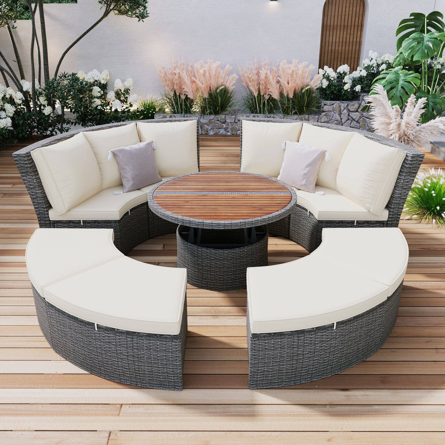 Marvelo 5 Pc Round Rattan Sectional Sofa Set - Beige