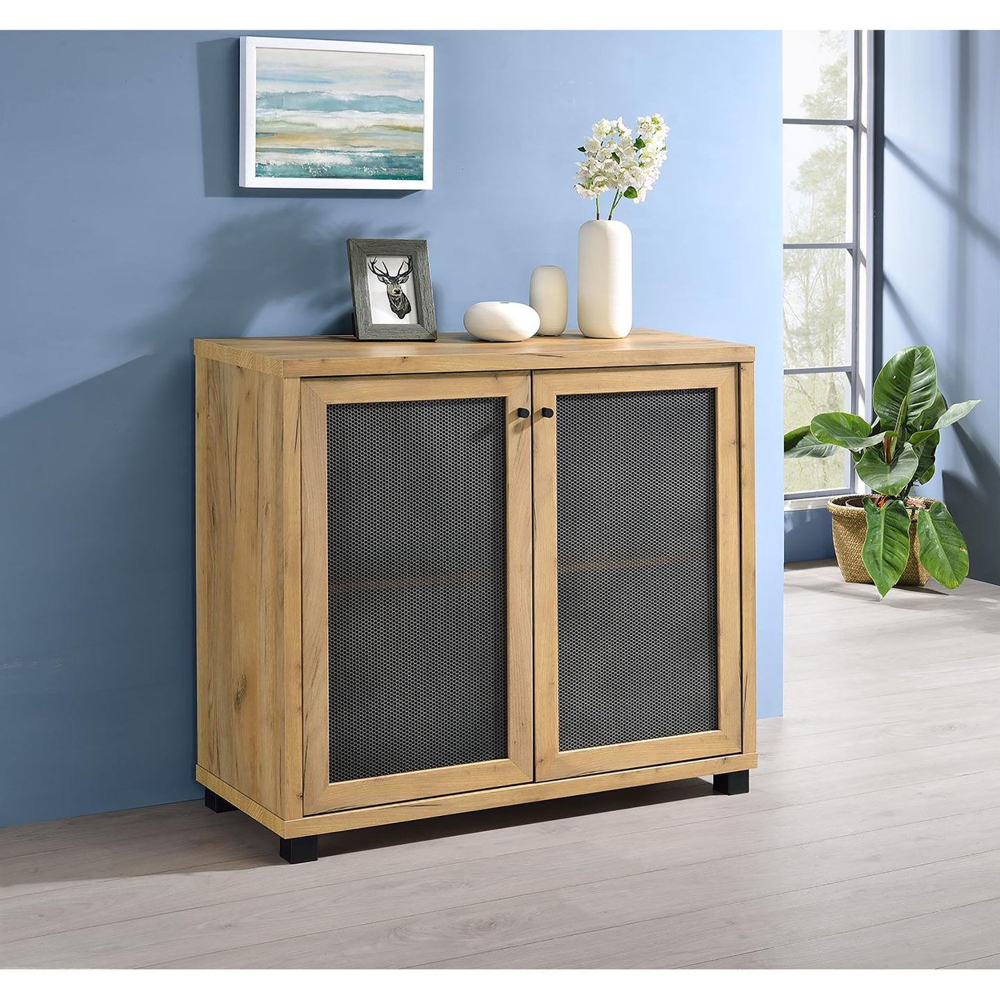 Tasha Golden Oak Accent Cabinet with Mesh Door