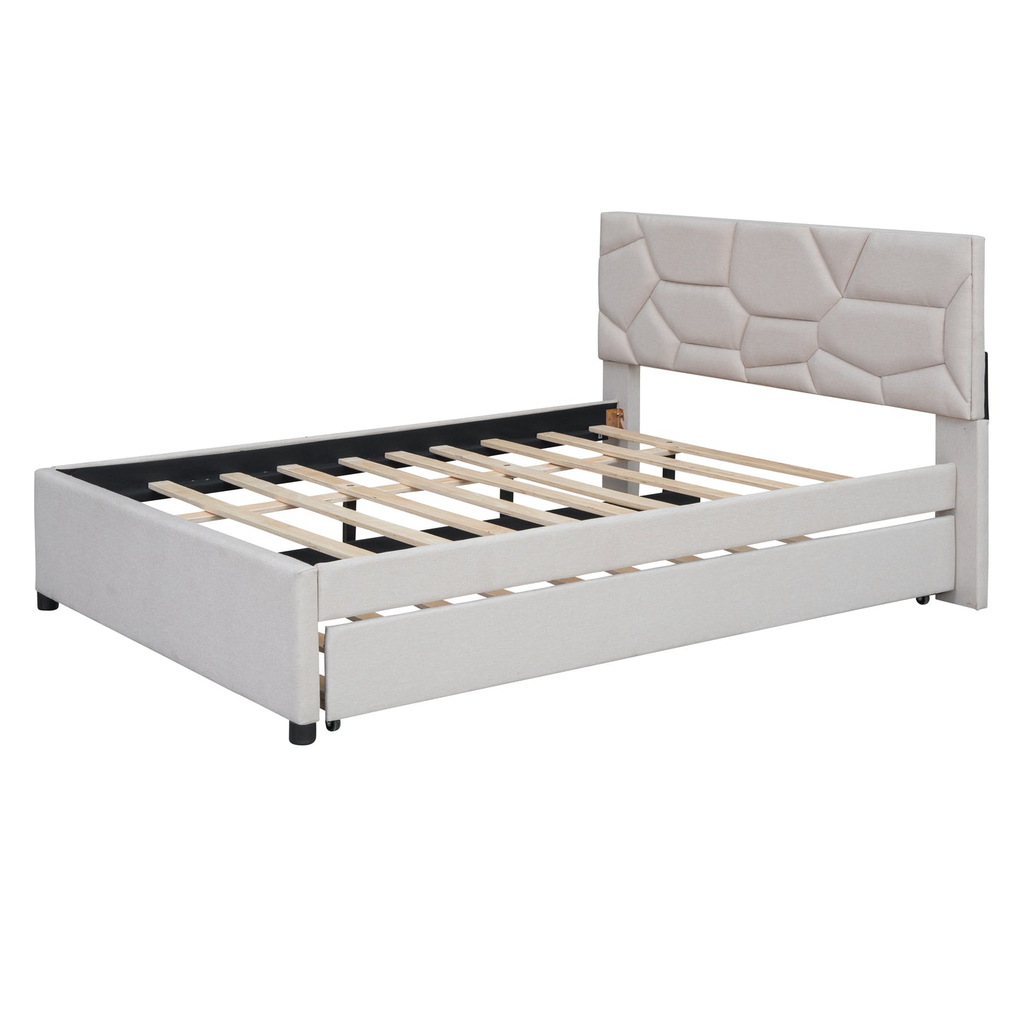 Brick Full Size Upholstered Platform Bed with Twin Size Trundle - Beige