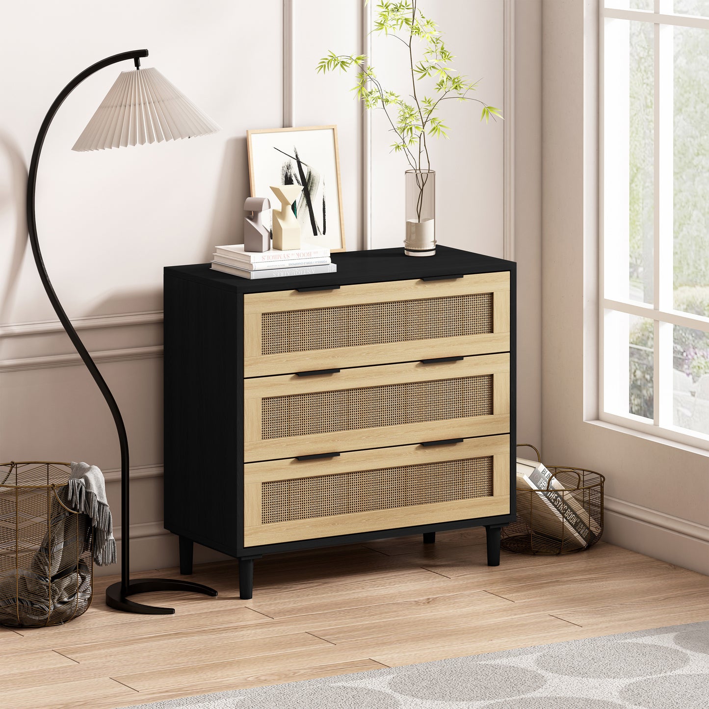 Tero 3-Drawers Rattan Storage Cabinet - Black