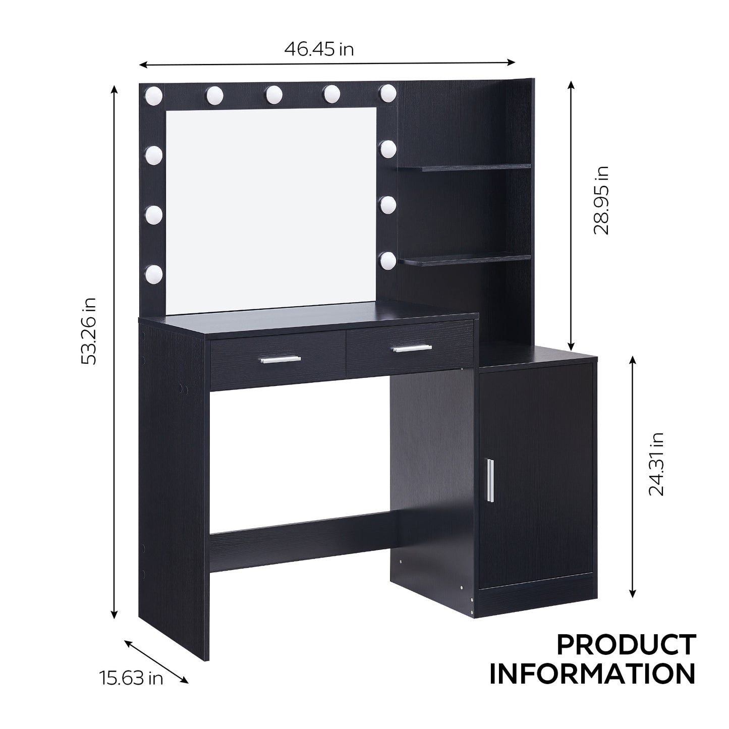 Melanie Vanity Desk with Mirror and Lights - Black