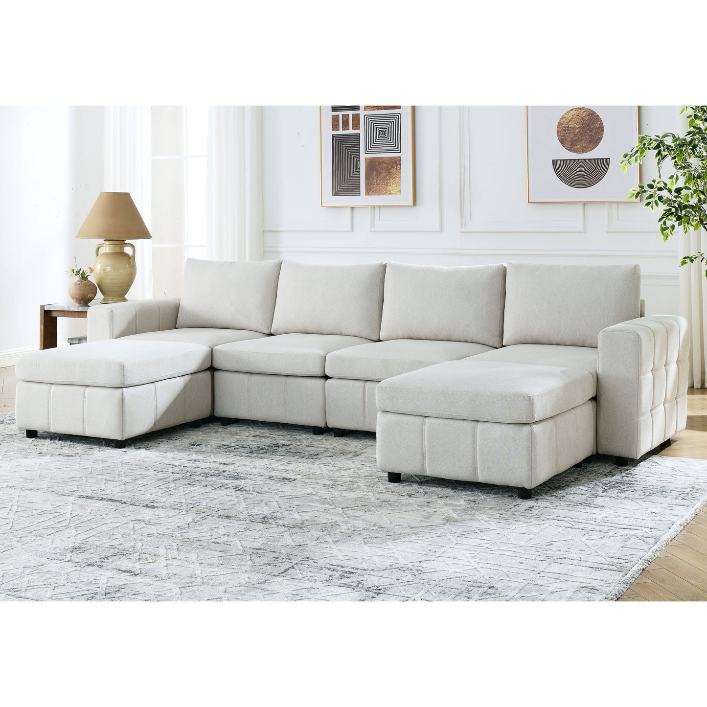 Varga Modular Sectional Sofa Sets (4-Seater with 2 Ottoman) - Beige