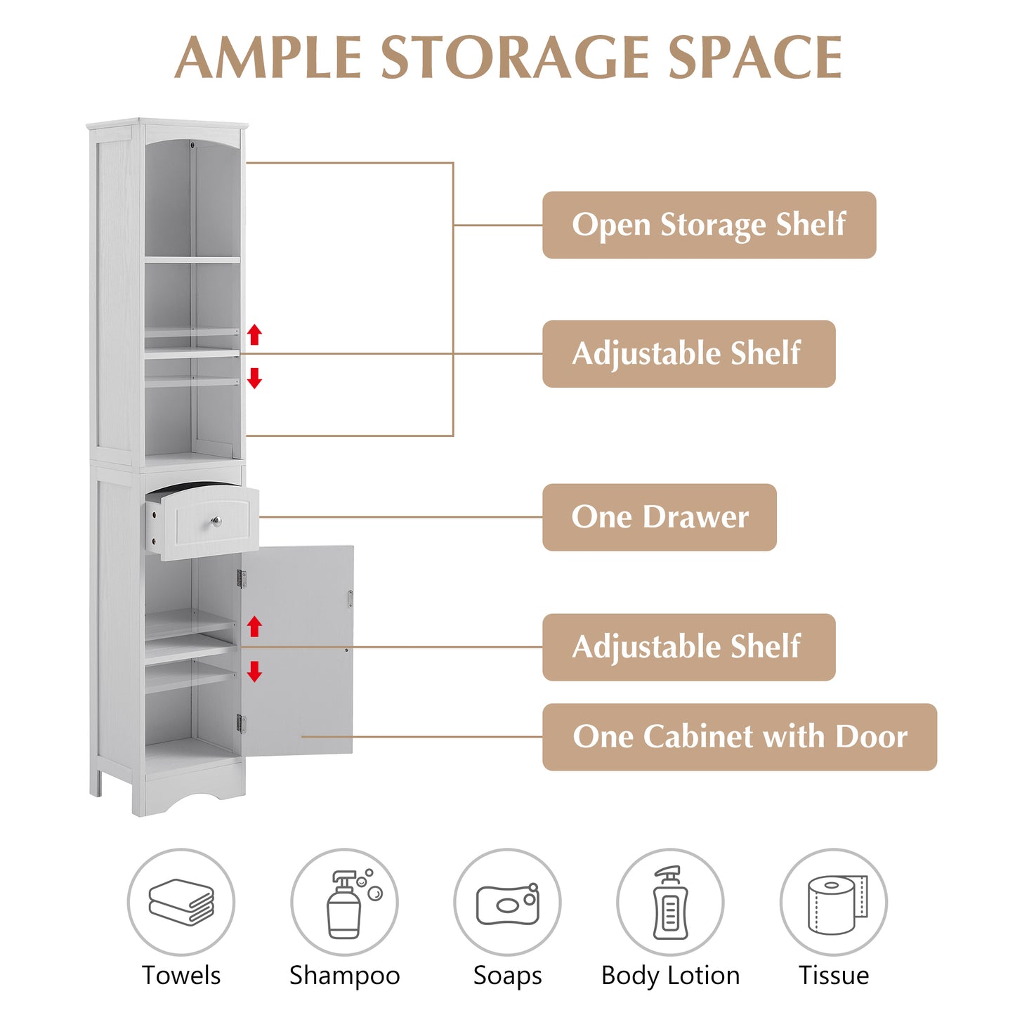 Tower Bathroom Cabinet with Drawer - White