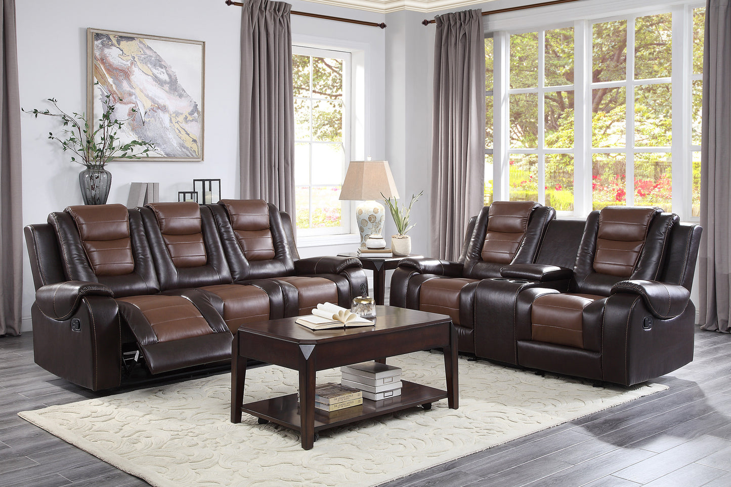 Lozano Loveseat Dual Glider Reclining with Center Console - Dark Brown+Light Brown