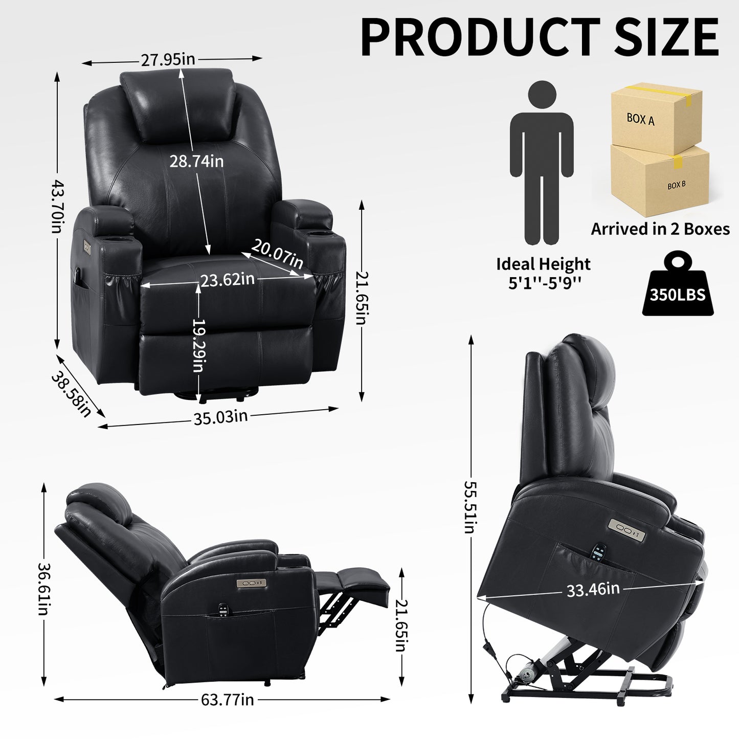 Adell Power Lift Recliner Chair with Heat and Massage - Black