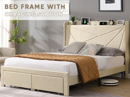 Craven Queen Size Bed Frame with 2 Storage Drawers - Beige