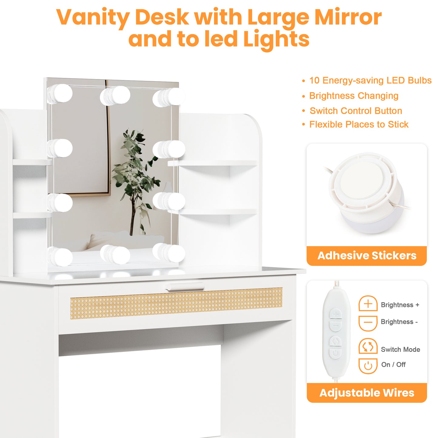 Brooks II Vanity Desk Set With LED Lighting Mirror - White