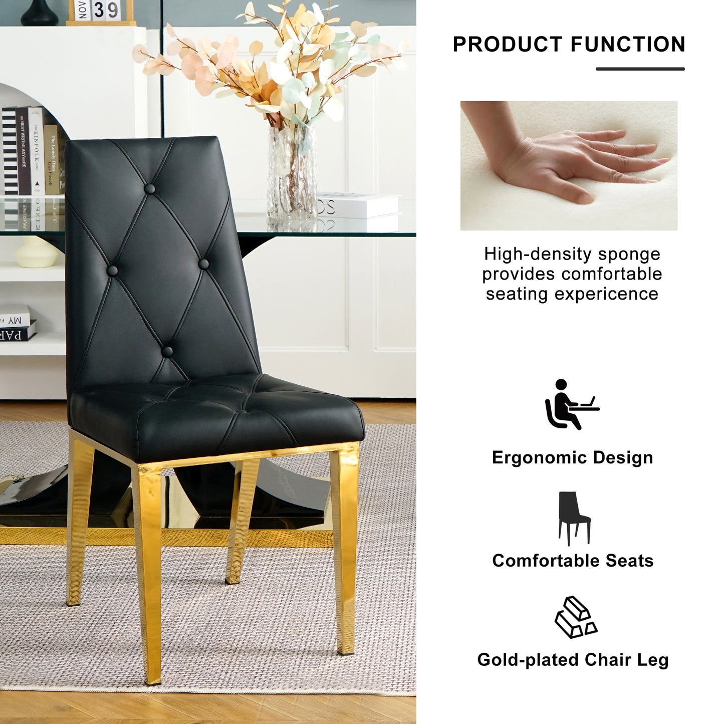 Valerio Pu Dining Chairs with Gold Leg (Set of 2) - Black