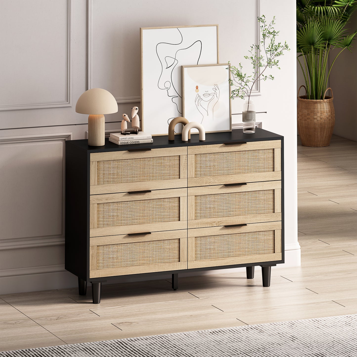 Tero 6 Drawers Rattan Cabinet - Black