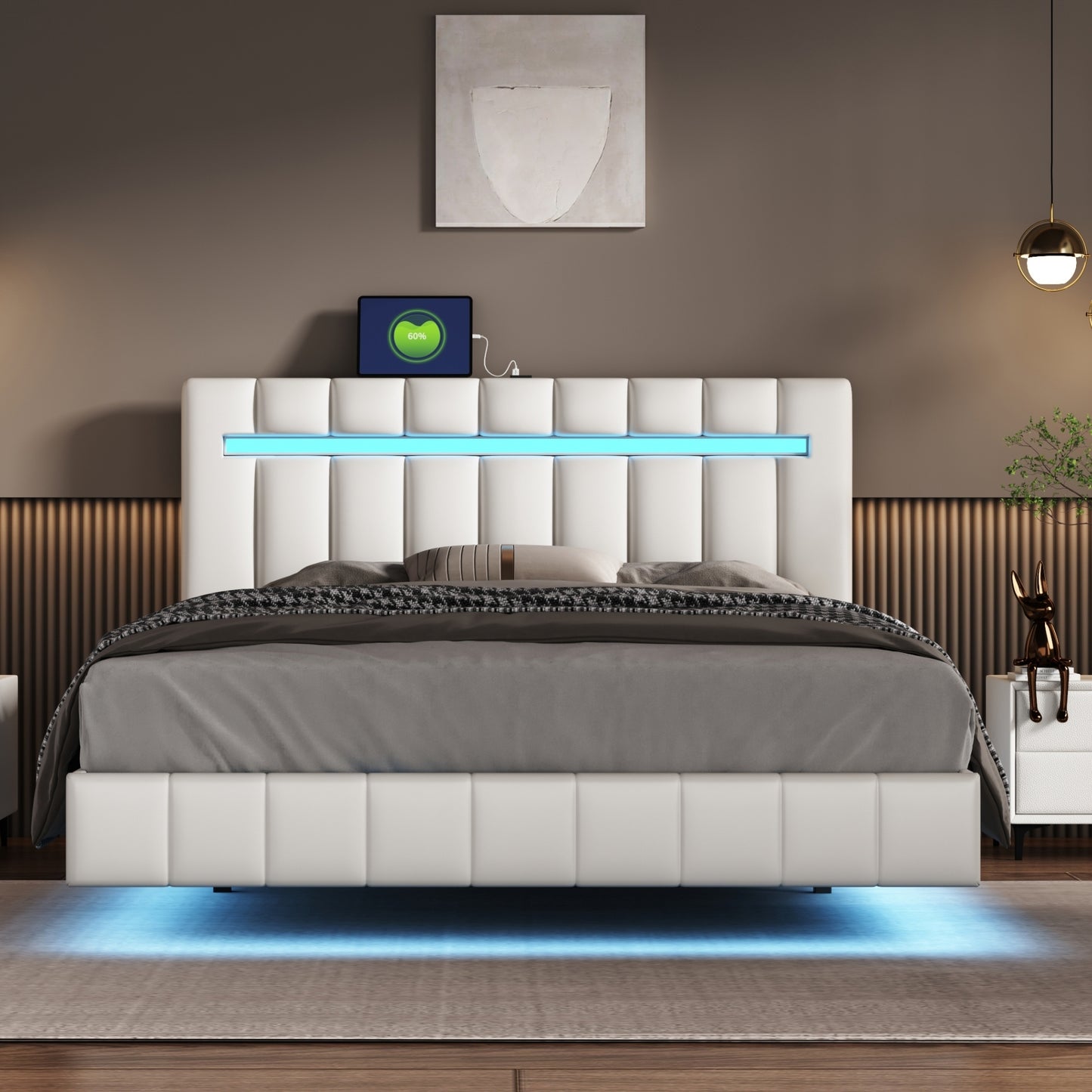 Marc Queen II Size Floating Bed Frame with LED - White