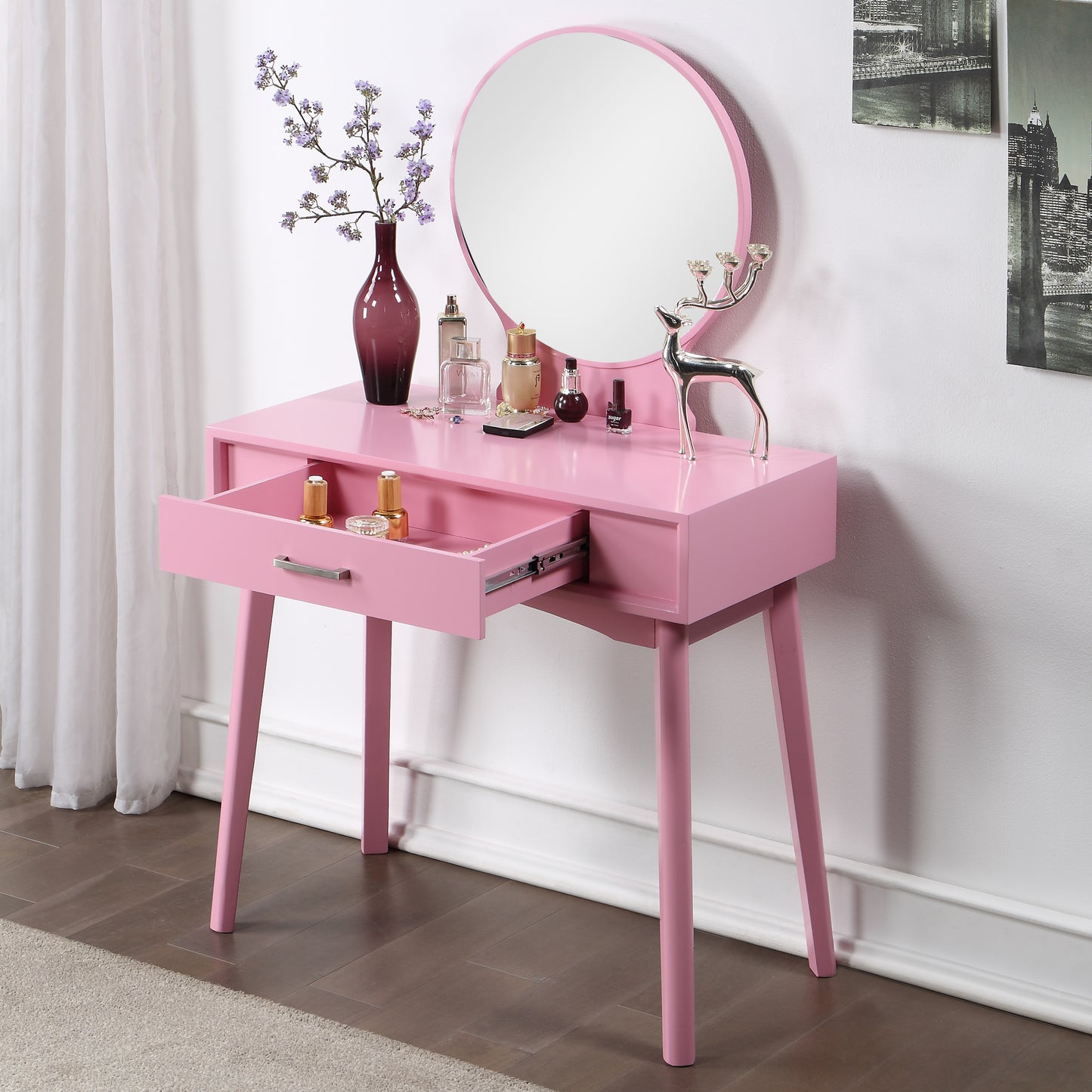 Maly Contemporary Wood Vanity and Stool Set - Pink