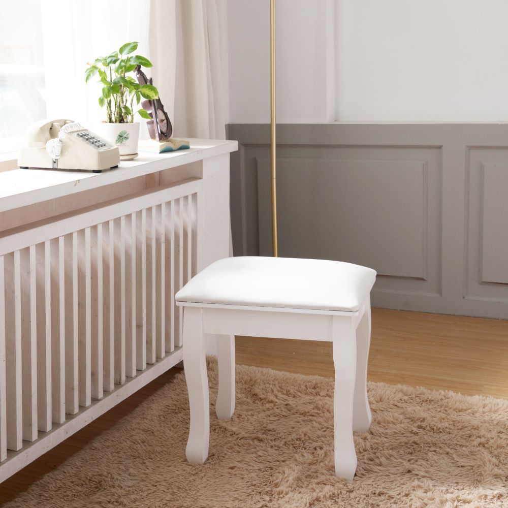 Vanity Stool Padded Makeup Chair Bench with Solid Wood Legs - White