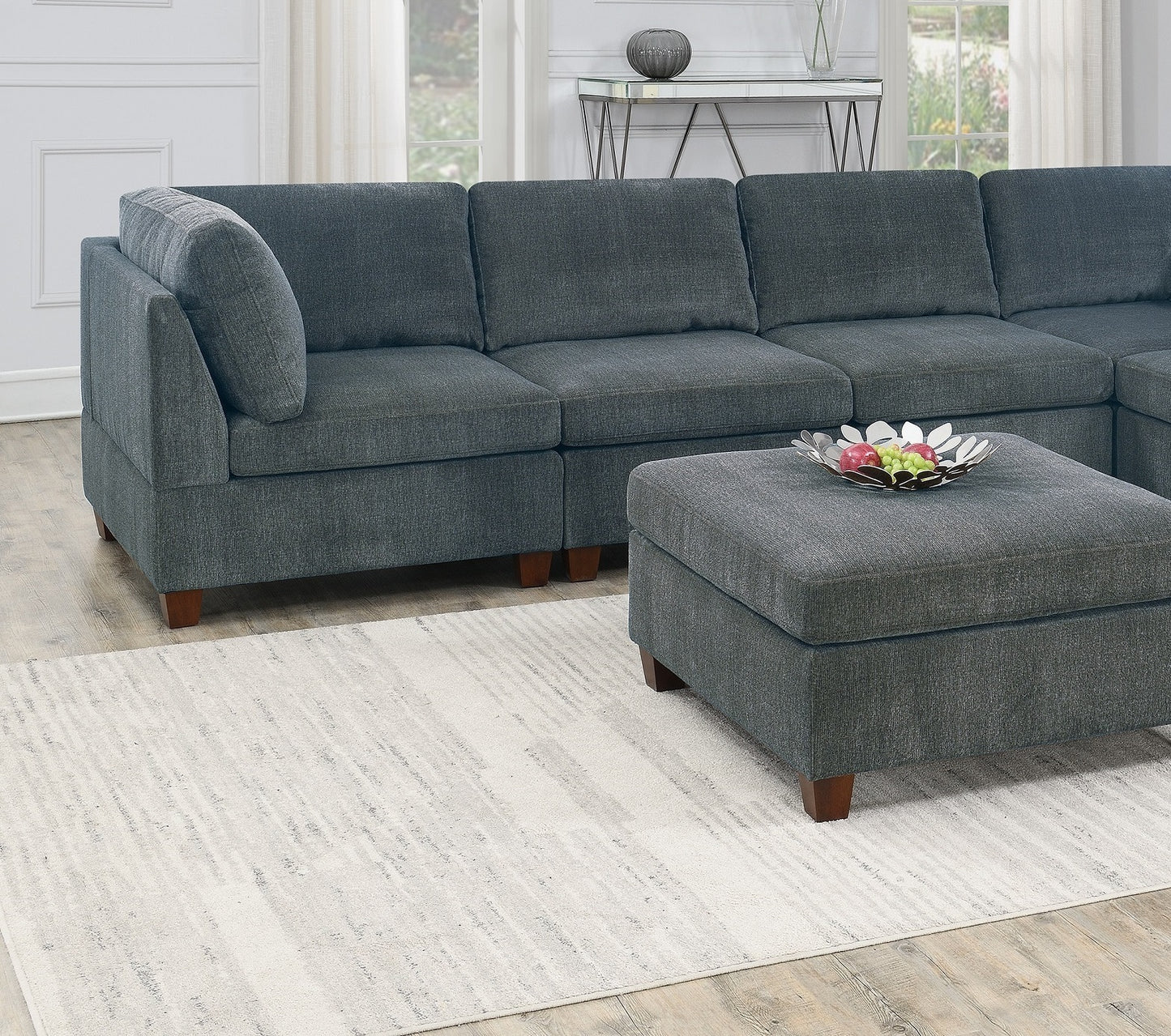 Verma Grey Chenille Modular Sectional 8pc Set 2x Corner Wedge 4x Armless Chairs and 2x Ottomans