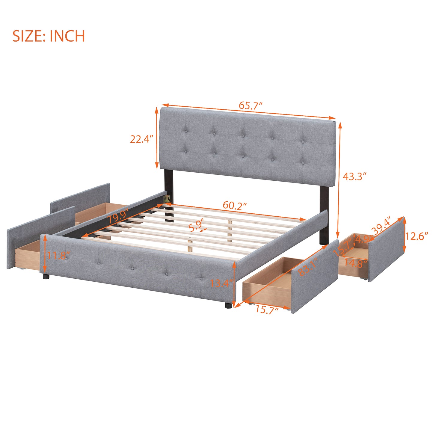 Draco Queen Size Platform Bed with 4 Drawers - Light Gray