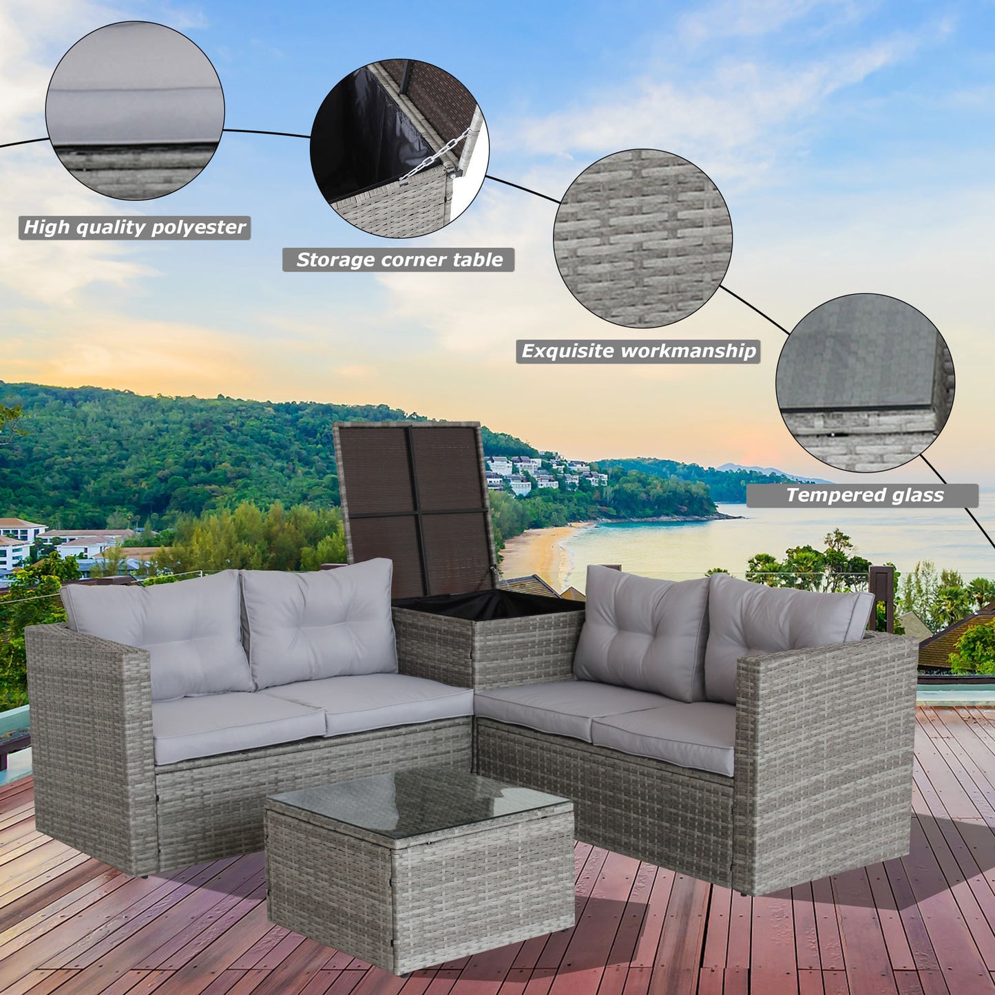 Ochoa 4 Pc Patio Sectional Wicker Rattan Sofa Set - Gray