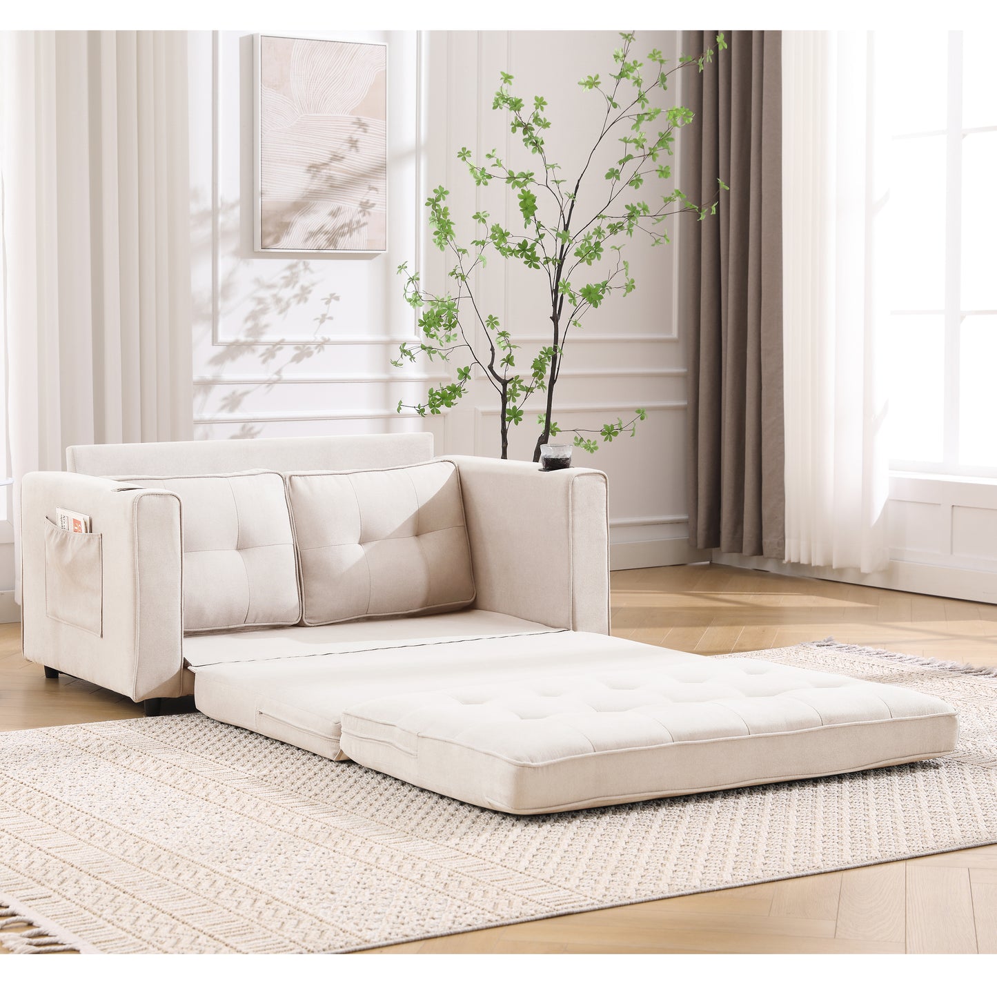 Neo Tufted Loveseat with Pull Out Sleeper - Beige