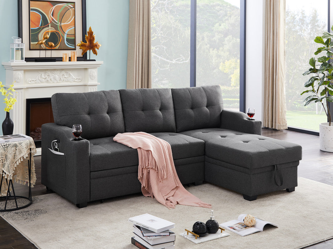 Mabel Linen Fabric Sleeper Sectional with cupholder, USB charging port and pocket - Dark Gray