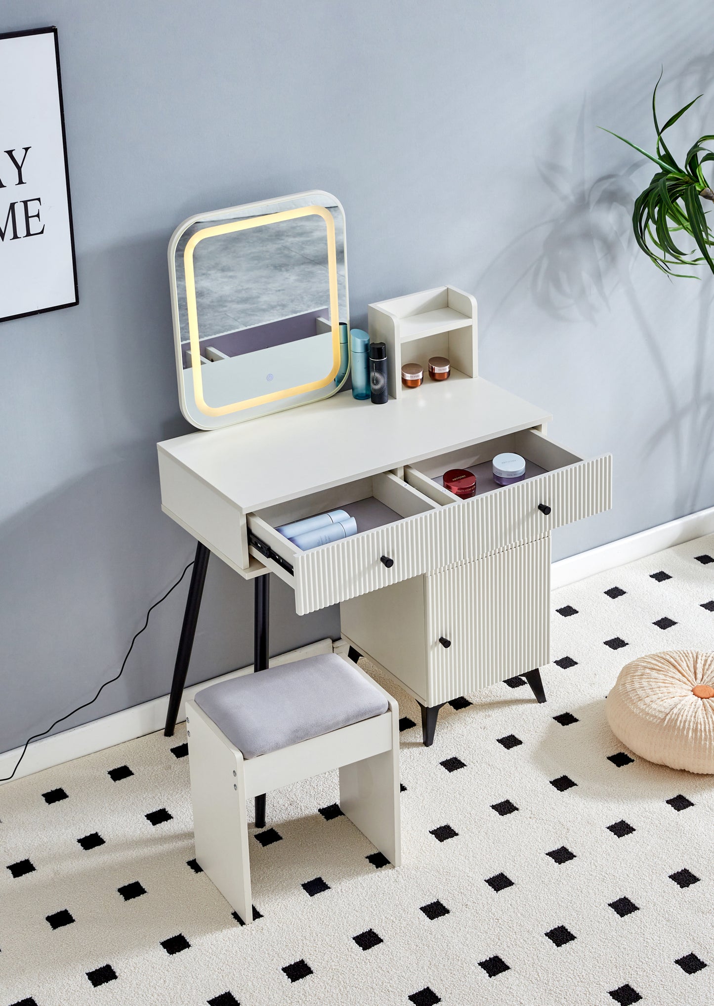 Glover Fluted Makeup Vanity Desk with Square LED Mirror