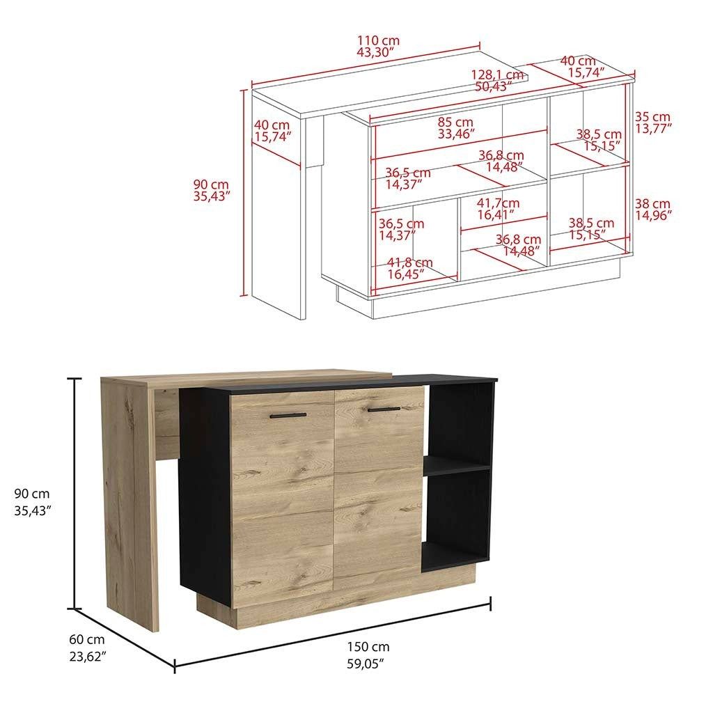 Sicilia Kitchen Island  Three Shelves  -Black + Oak