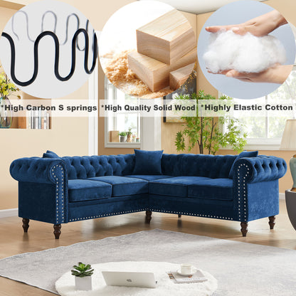 Nest Velvet Button Tufted L-shaped Sofa - Blue