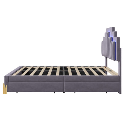 Neco Full Size Platform Bed with LED and 4 Drawers - Gray