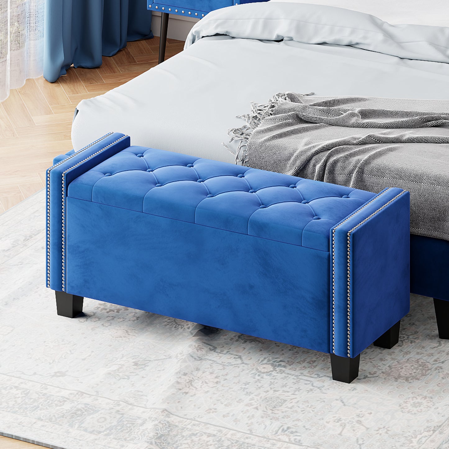 Enzo Upholstered Velvet Storage Ottoman Bench - Blue