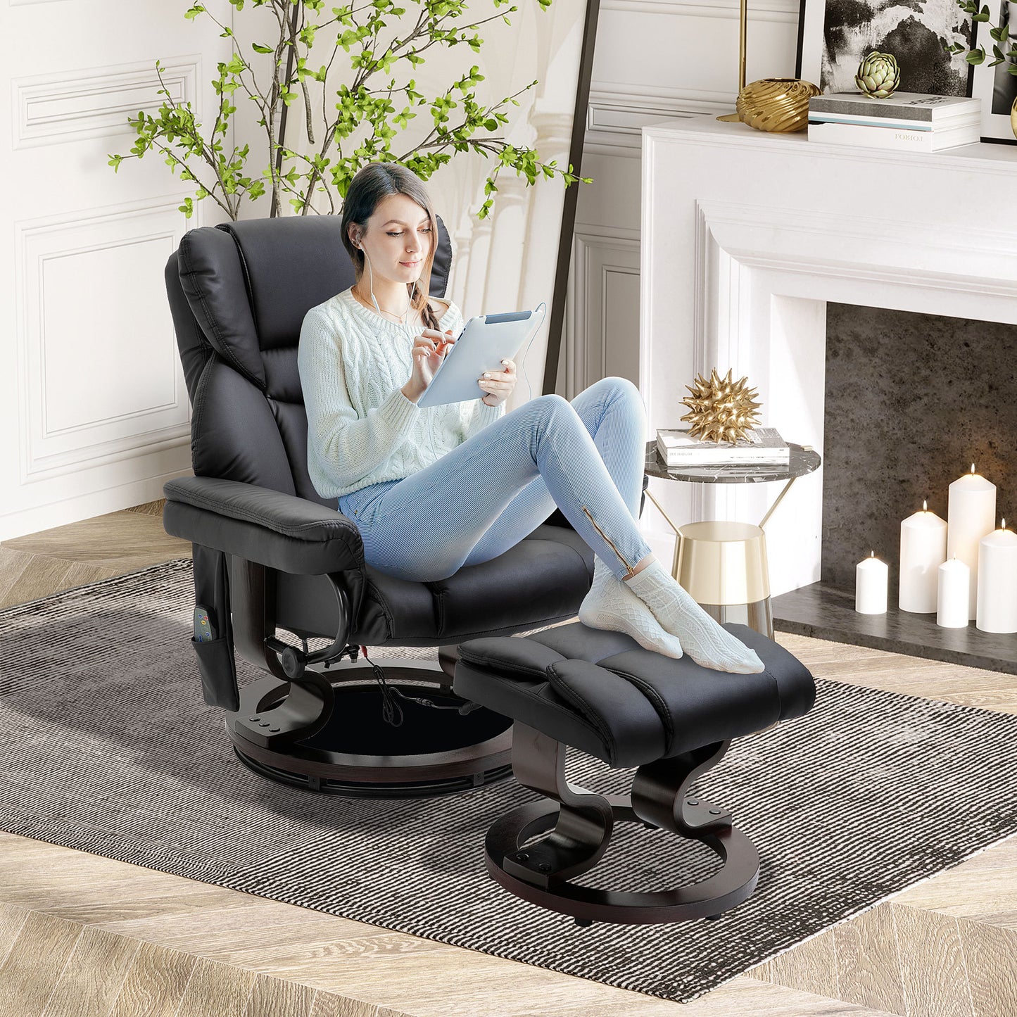 Valentina Massage Recliner Chair with Ottoman Footrest - Black