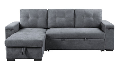 Toby Woven Fabric Reversible Sleeper Sectional Sofa with Storage Chaise Cup Holder USB Ports and Pockets - Gray