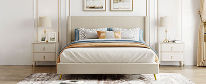 Queen Size Corduroy Platform Bed with Metal Legs - Beige