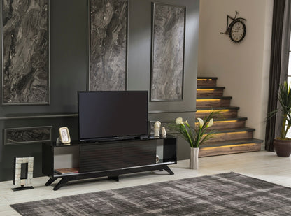 Luxia Mid Century Modern TV Stand 2 Sliding Door- Black