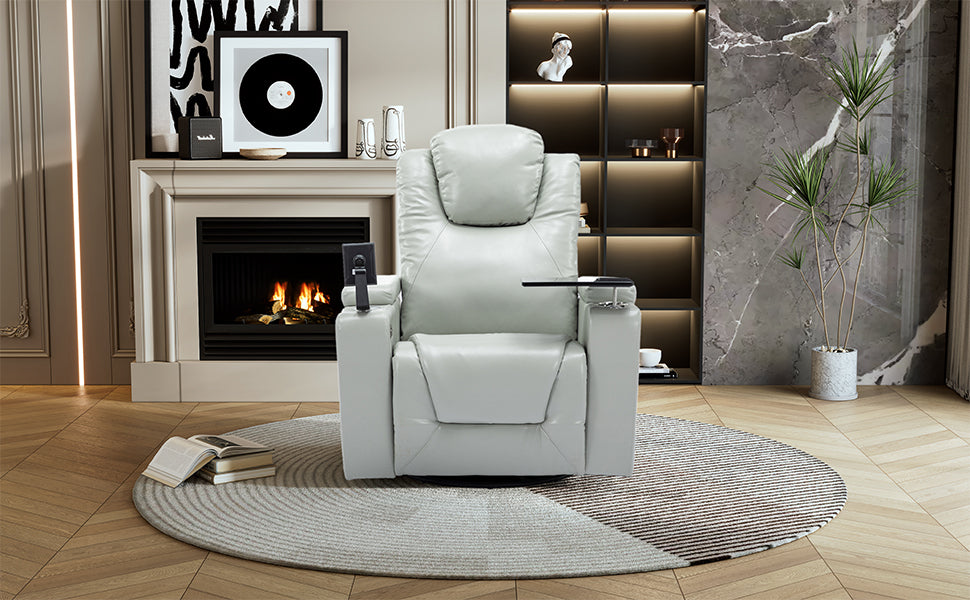 Otto PU Leather Power Recliner r with Surround Sound -Tray Table - Gray