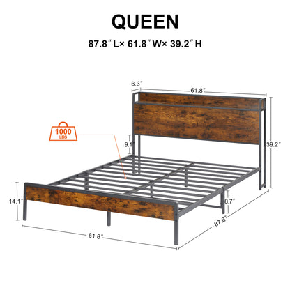 Biony Queen Size Metal Bed Frame W Charging Station - Rustic Brown