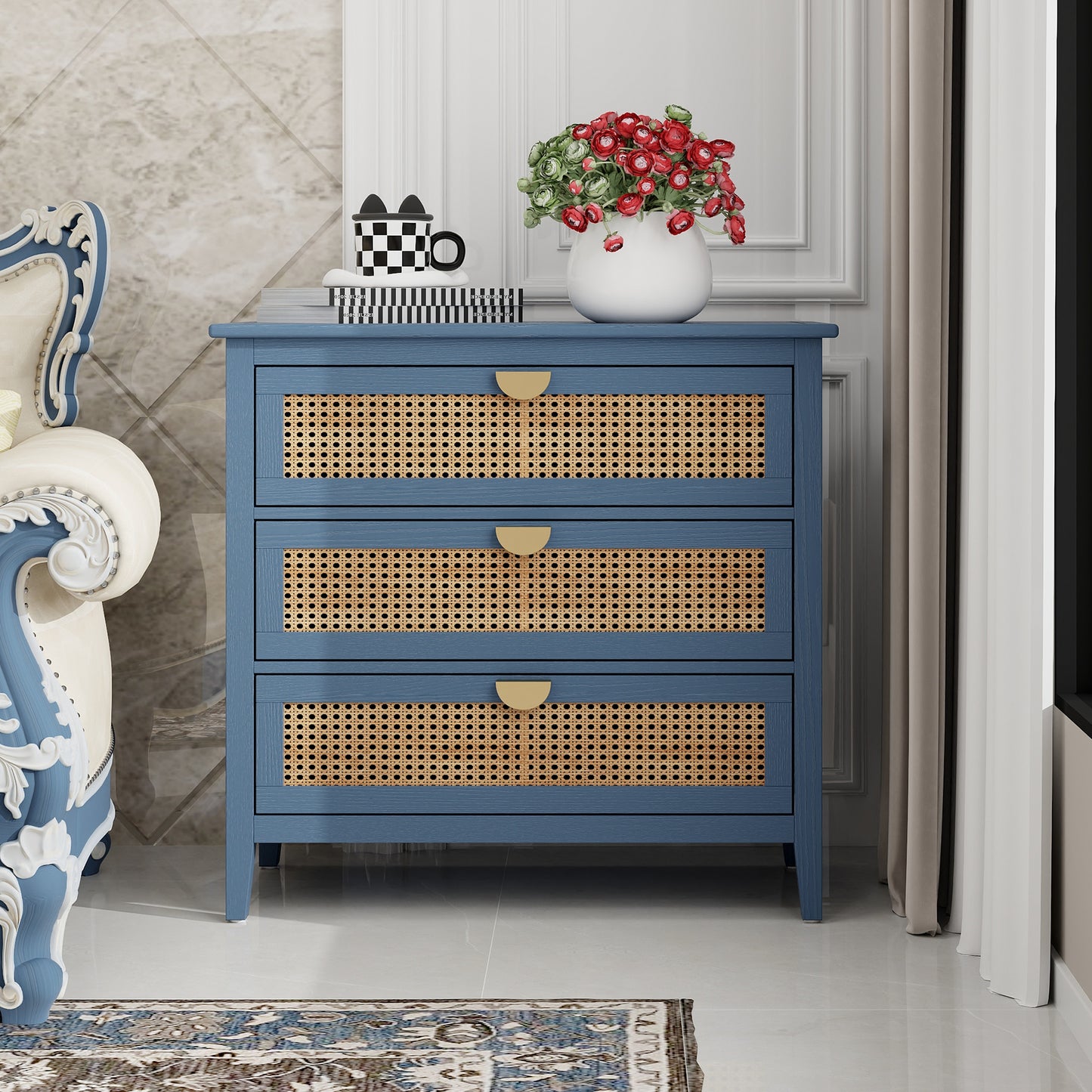 Valerie Natural Rattan 3 Drawer Cabinet - Blue