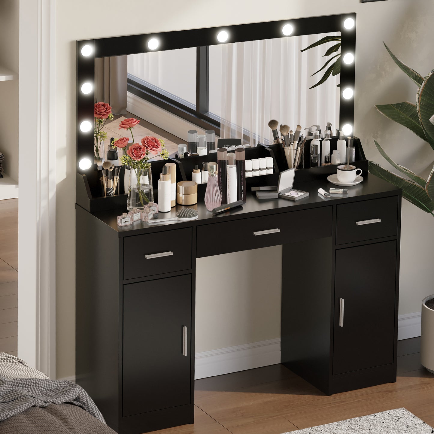 Astrid Makeup Vanity Table With Large Mirror and 3 Colour Lighting  - Black