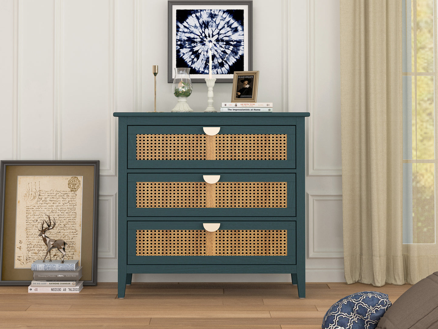 Valerie Natural Rattan 3 Drawer Cabinet - Green