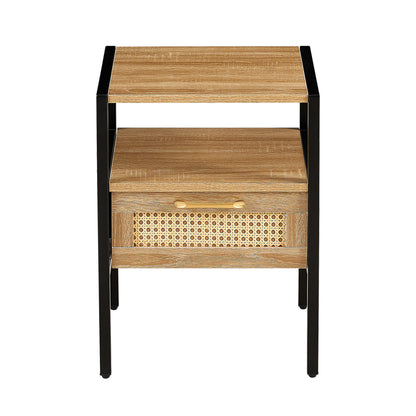 Rattan End table with  drawer Modern nightstand - Natural