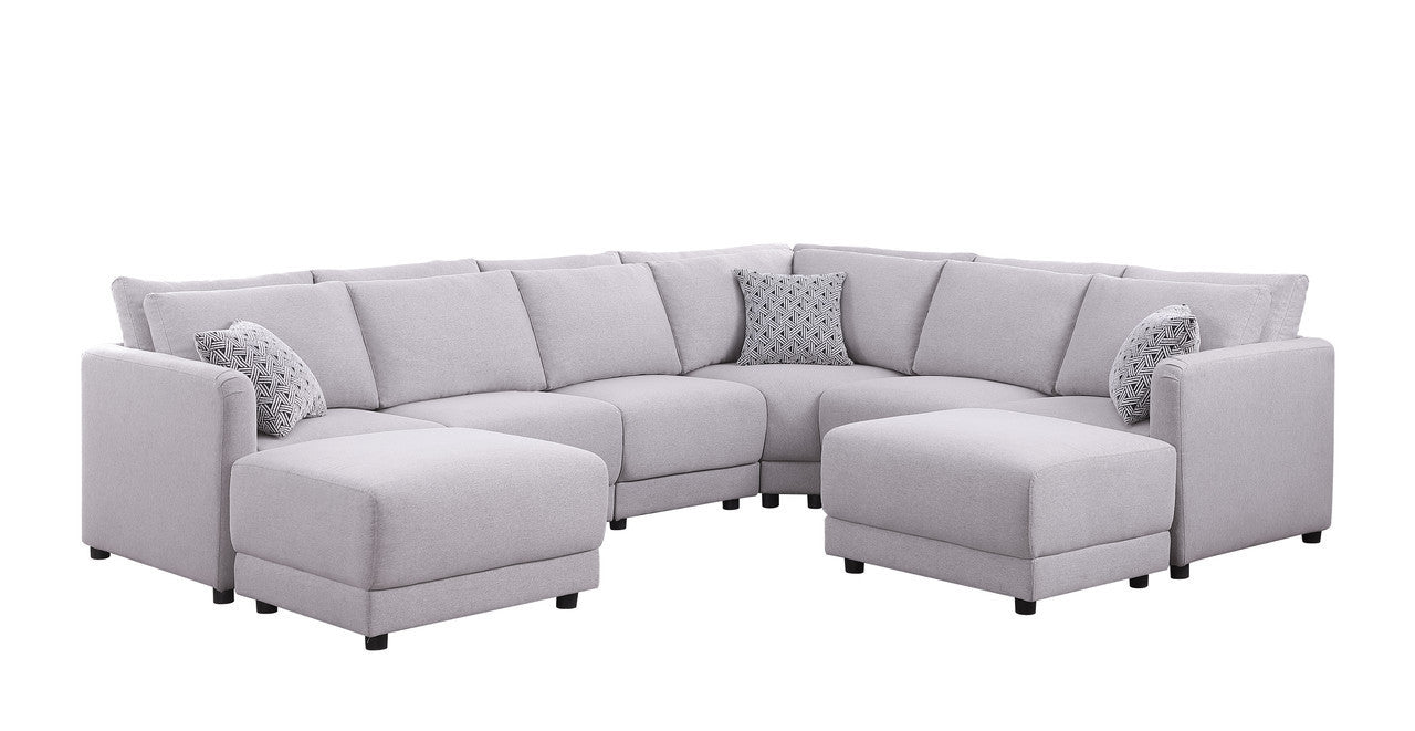 Penelope Linen Fabric Reversible 8PC Modular Sectional Sofa with Ottomans and Pillows - Light Gray