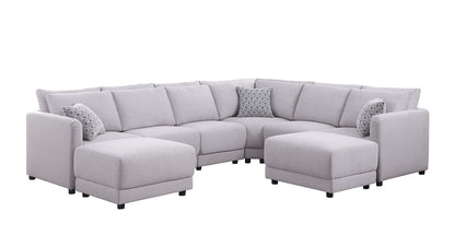 Penelope Linen Fabric Reversible 8PC Modular Sectional Sofa with Ottomans and Pillows - Light Gray